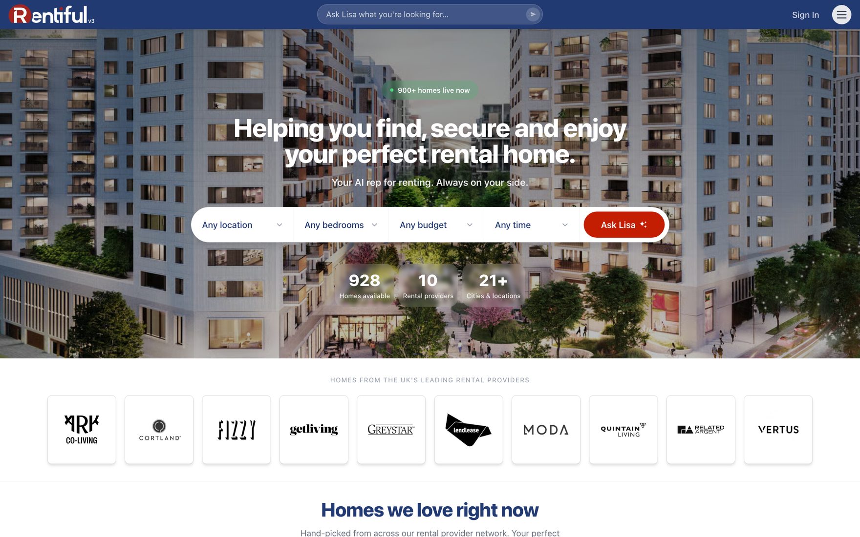 The Rentiful v3 home page. A navigation bar carries the Rentiful logo and a prompt reading "Ask Lisa what you're looking for", with sign in at the right. Below it a photograph of a residential development sits behind the line "Helping you find, secure and enjoy your perfect rental home" and the subtitle "Your AI rep for renting. Always on your side." A search bar offers location, bedrooms, budget and time, ending in an "Ask Lisa" button, and counters underneath report homes available, rental providers and cities covered. A row of rental provider logos follows.